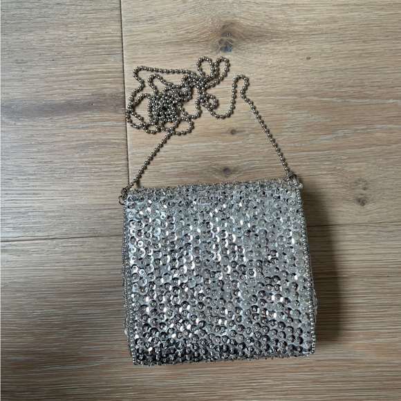 Vintage 90s Contempo Casuals Evening Silver Sequin Mini Purse Crossbody Bag - Picture 2 of 4